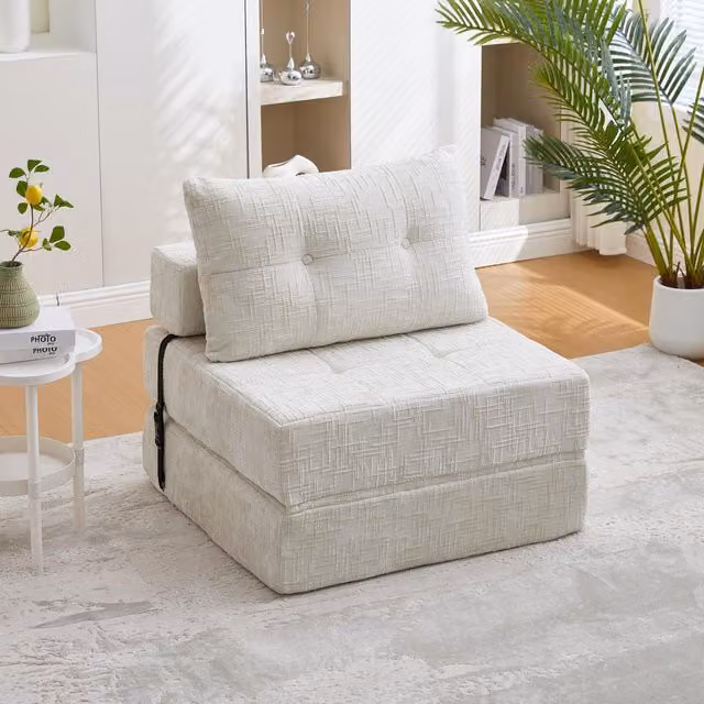 Aosom UK Beige Chenille Convertible Floor Sofa Bed with Button-Tufted Detailing, W: 79 cm, D: 180 cm, H: 57 cm