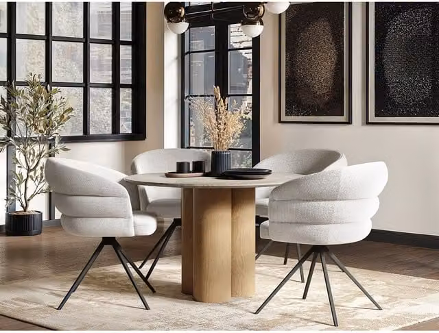 Solace+Co Deko Round Dining Table and Eira Chairs Set in Oak, Beige and Black, Diameter: 120 cm, Height: 75 cm – 1