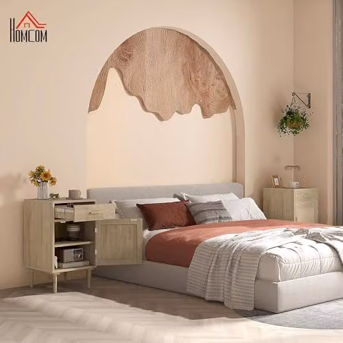 HOMCOM Boho Bedside Table with Rattan Drawer and Cabinet in Natural, W: 40 cm, D: 40 cm, H: 68.5 cm – 2