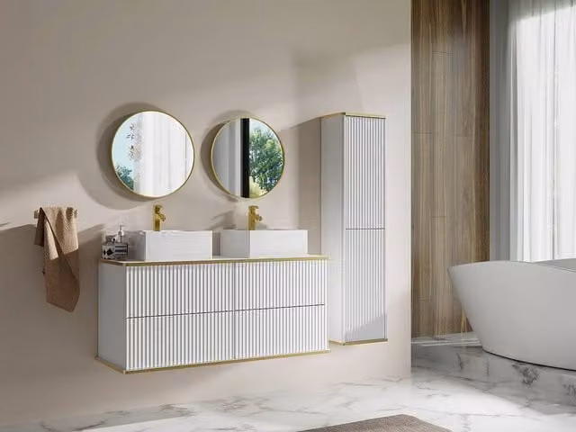 Vente-unique White and Gold Striped Wall Mounted Bathroom Vanity Unit with Double Countertop and Internal Drawers W/D/H: 120 x 47 x 40 cm – 1