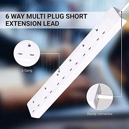 MantraRaj 6 Gang Extension Lead with 2 Metre Cable and UK Plug, White – 2