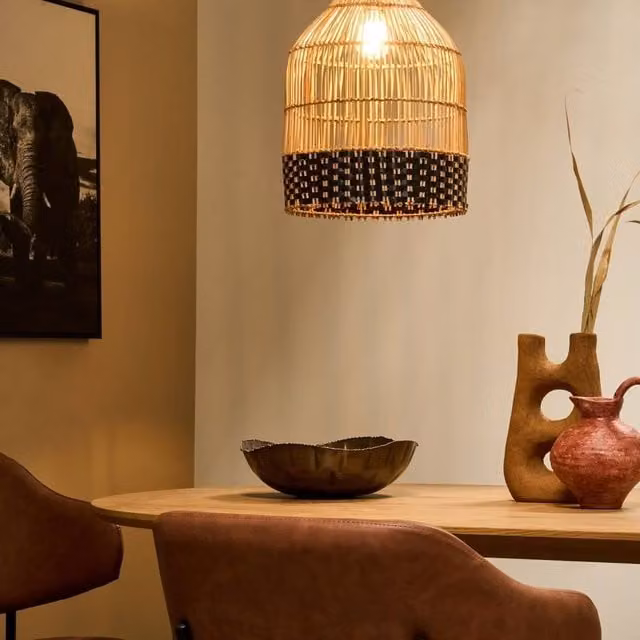 Wyld and Coco Handwoven Rattan Pendant Lamp with Metal Frame in Beige and Sand