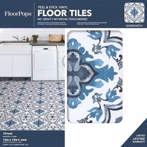 FloorPops Blue Moroccan Geometric Self-Adhesive Tile-Look Floor Tiles – 2