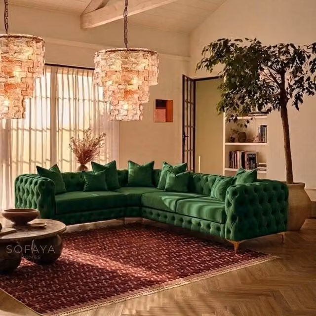 Sofaya Monaco 4 Seater Chesterfield Velvet Left Hand Corner Sofa in Green – 1