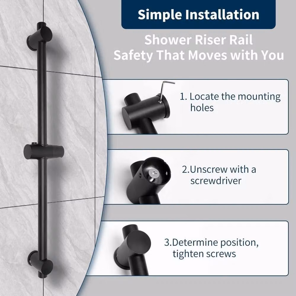 NESTLUNE Adjustable Stainless Steel Shower Riser Rail Kit in Matt Black – 5