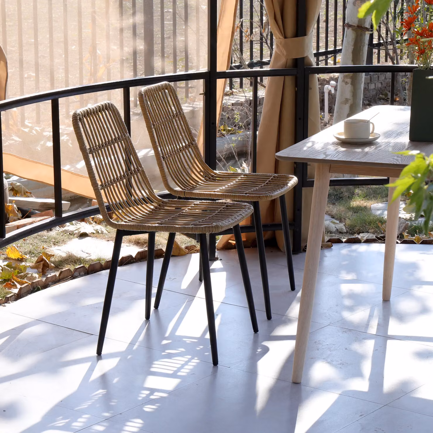 Nordlys Set of 4 Modern Dining Room Chairs with Brown Polyrattan and Black Metal Legs – 7