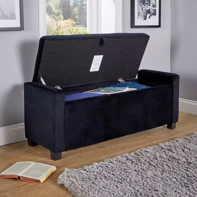 Home Source Black Velvet Ottoman Window Seat Bench with Hidden Storage – 1