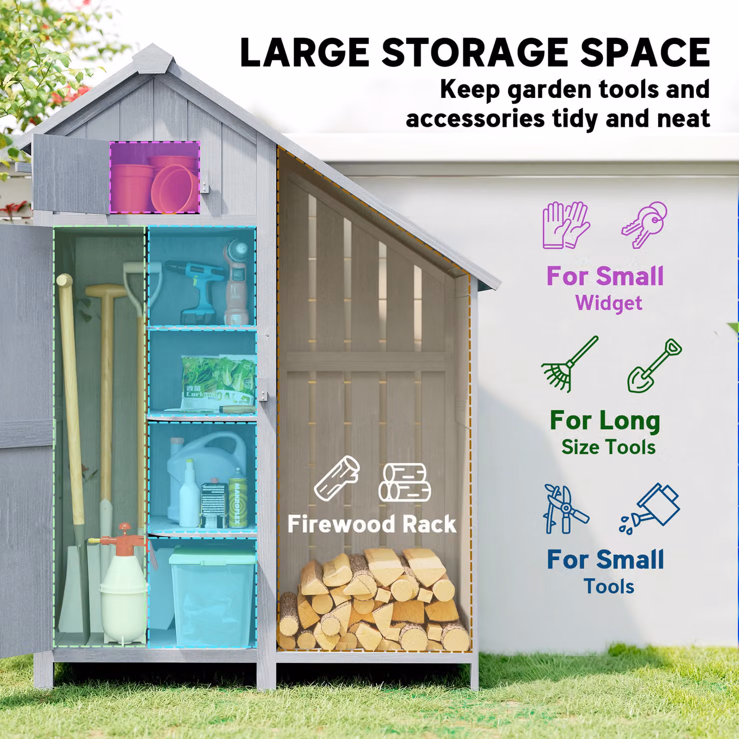 Outsunny Garden Outdoor Storage Shed with 3 Shelves and Firewood Rack, Grey/Black, W: 129 cm, D: 51.5 cm, H: 180 cm – 4