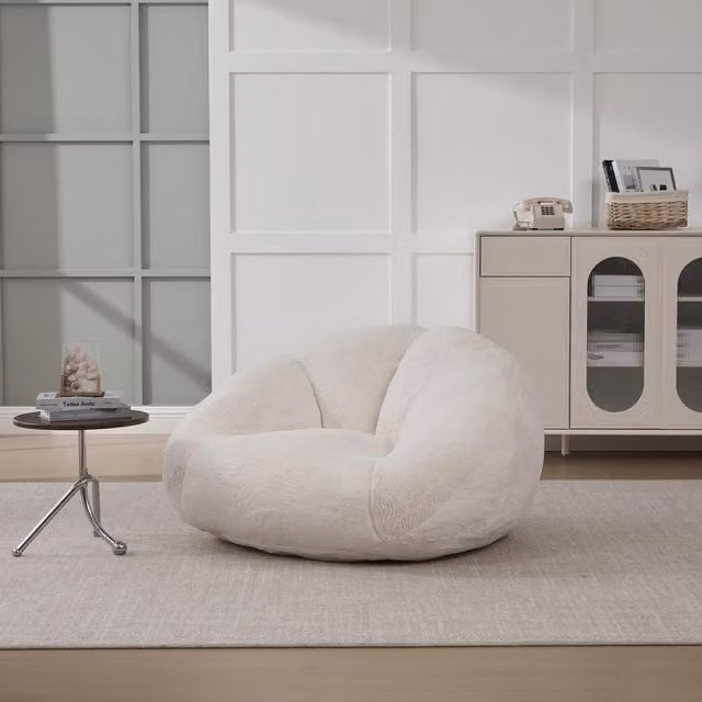 Aosom UK Shell-Shaped Bean Bag Chair with Shredded Memory Foam Filling and Removable Faux Fur Cover, Beige, H x W x D: 57 x 90 x 100 cm – 1
