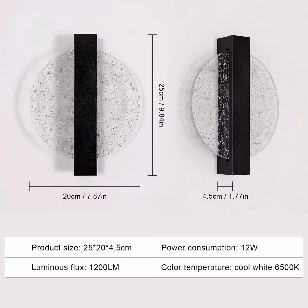 Pheashine Modern Round LED Wall Sconce, 12W Cool White 6500K Acrylic Light in Black and Silver – 3