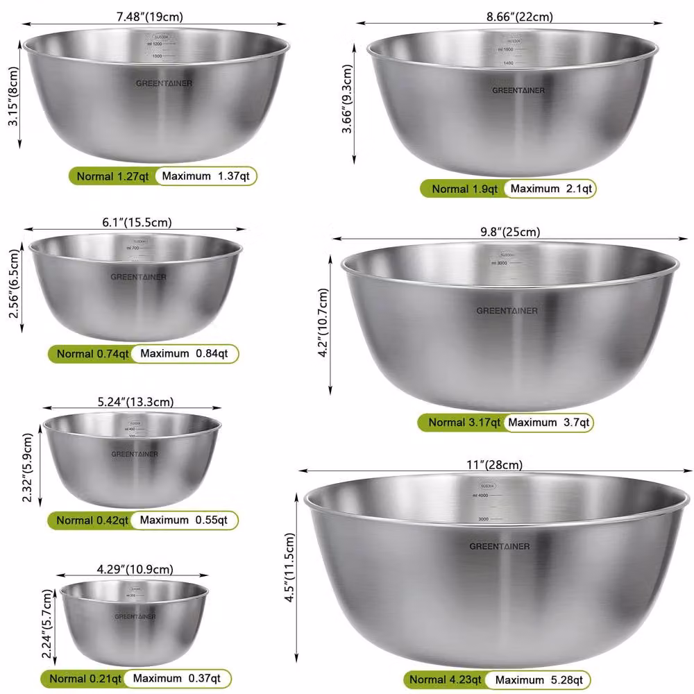 Greentainer 7 Piece Stainless Steel Round Nesting Bowls Set in Silver – 2