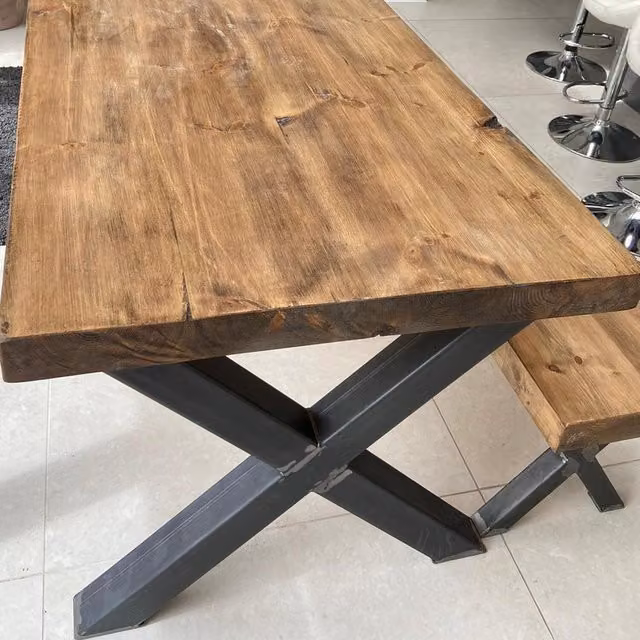 TRL Handmade Furniture Jacobean Chunky Dining Table and 2 Benches Set, Brown Pine and Metal, W: 120 cm
