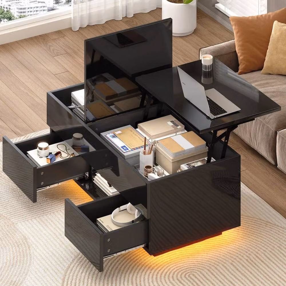 KORVIXA High Gloss LED Lift Top Coffee Table in Black, W: 100 cm, D: 43 cm, H: 50 cm – 4