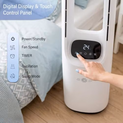 PureMate Bladeless Tower Fan in White with DC Motor, Remote Control, Timer, Sleep Mode and Oscillation – 2