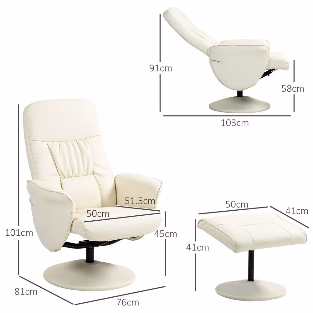 STILVORA Swivel Recliner Chair and Ottoman Set in Cream PU Leather with Metal Frame – 3