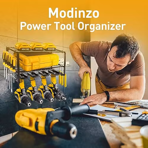MoDinzo Black Alloy Steel Power Tool Organizer and 3 Layer Floating Shelf Wall Mount Storage Rack – 8