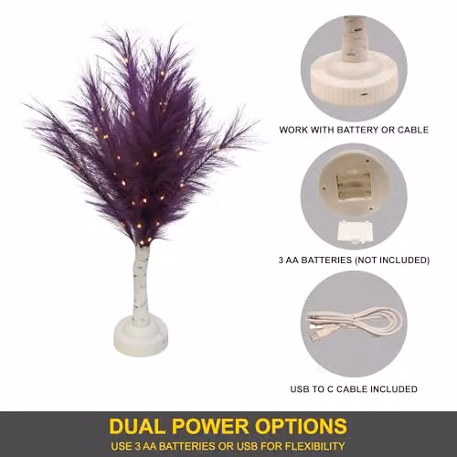 SHATCHI Purple Feather Tree Table Lamp with Warm White LEDs, Battery-Operated, Height: 70 cm – 3