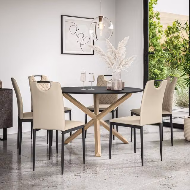 More4Homes Malvern Round Dining Table and 6 Monza Faux Leather Chairs Set, Black Table Top with Solid Oak Legs and Beige Chairs, Diameter: 120 cm, Height: 75 cm