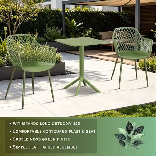 Core Products 3-Piece Bistro Garden Set with Two Lattice Armchairs and Square Plastic Table in White or Green – 2