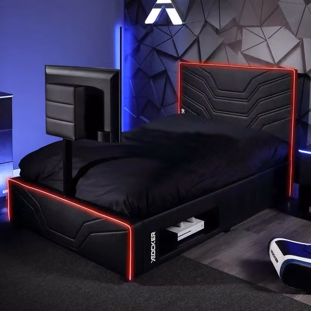X Rocker Oracle TV Bed with LED Lighting, Underbed Media Storage and Mattress in Black, W/D/H: 90 x 190 x 108 cm