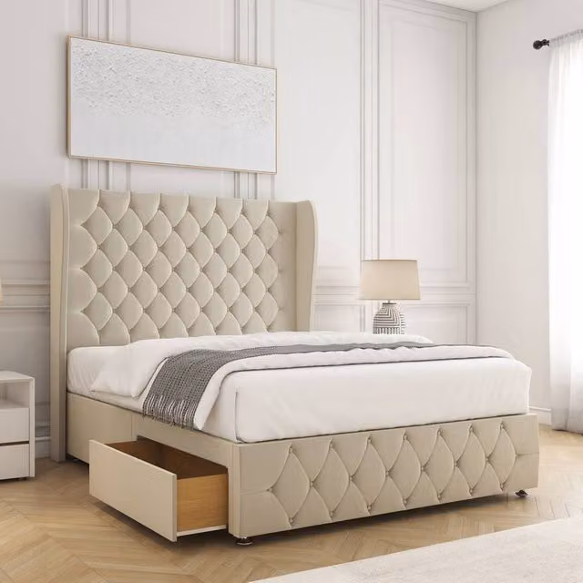 BSSPOKE Faye Velvet Super King Divan Bed in Beige with 54 inch Headboard and 2 Drawers