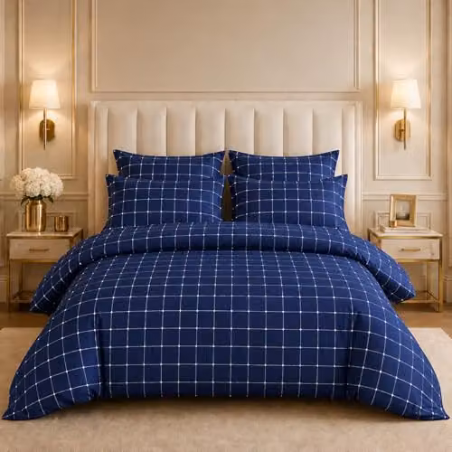 Lazzaro Blue Checked Microfibre Double Duvet Cover and Pillowcase Set with Zipper Closure, W/H: 200 x 200 cm and 50 x 75 cm – 3