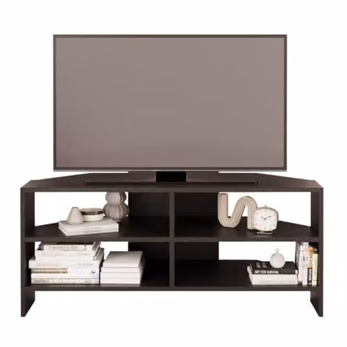 BIMOSSA Roy Modern Corner TV Stand for 43–48 Inch TVs, Black Media Console with Storage Shelves and Cabinet, W/D/H: 116.6 x 50.0 x 114.0 cm
