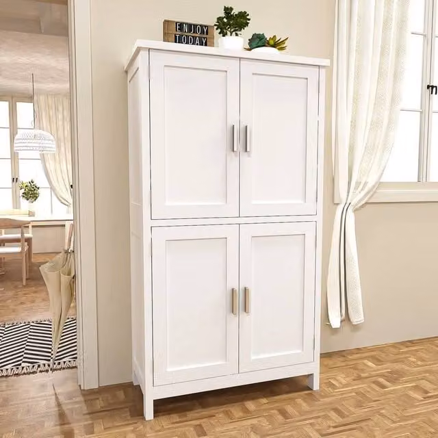 NESTLUNE Freestanding Tall Kitchen Pantry Cupboard in White with Hinged Doors and Internal Shelves – 1