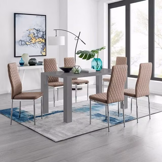 FurnitureboxUK Pivero Grey High Gloss Rectangular Dining Table and 6 Modern Milan Chairs in Cappuccino