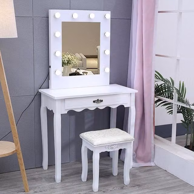 Livingandhome Hollywood LED White Dressing Table and Makeup Vanity Desk