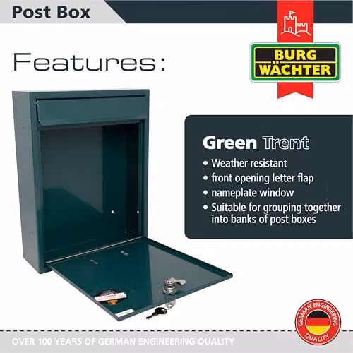 Burg-Wächter MB19G Trent Wall Mounted Galvanised Steel Lockable Weatherproof Post Box, Green, W: 26 cm, H: 34 cm, D: 9 cm – 2