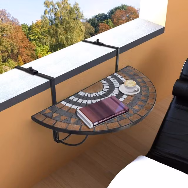 Berkfield Home Hanging Balcony Table with Brown and White Geometric Ceramic Mosaic Top and Powder Coated Steel Frame