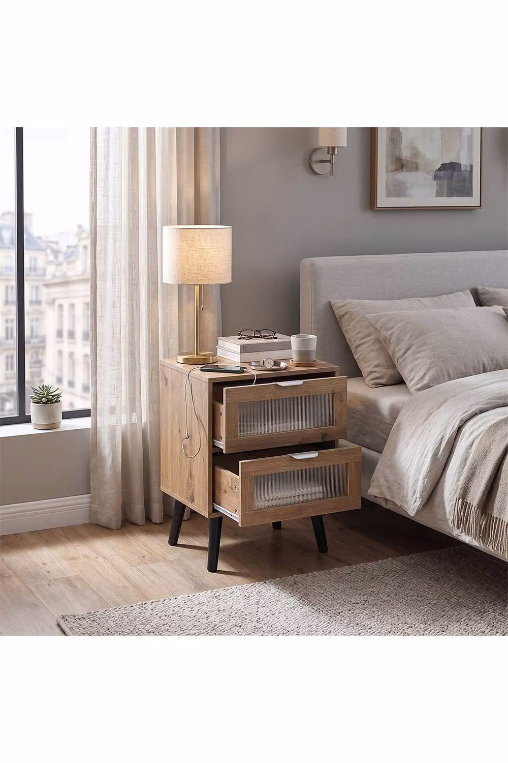 Living and Home Modern Dual-Drawer Bedside Table in Sand and Brown – 2
