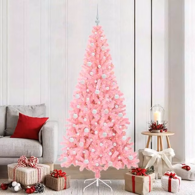 Berkfield Home Pink PVC Christmas Tree with 300 LEDs and Stand, Height: 210 cm