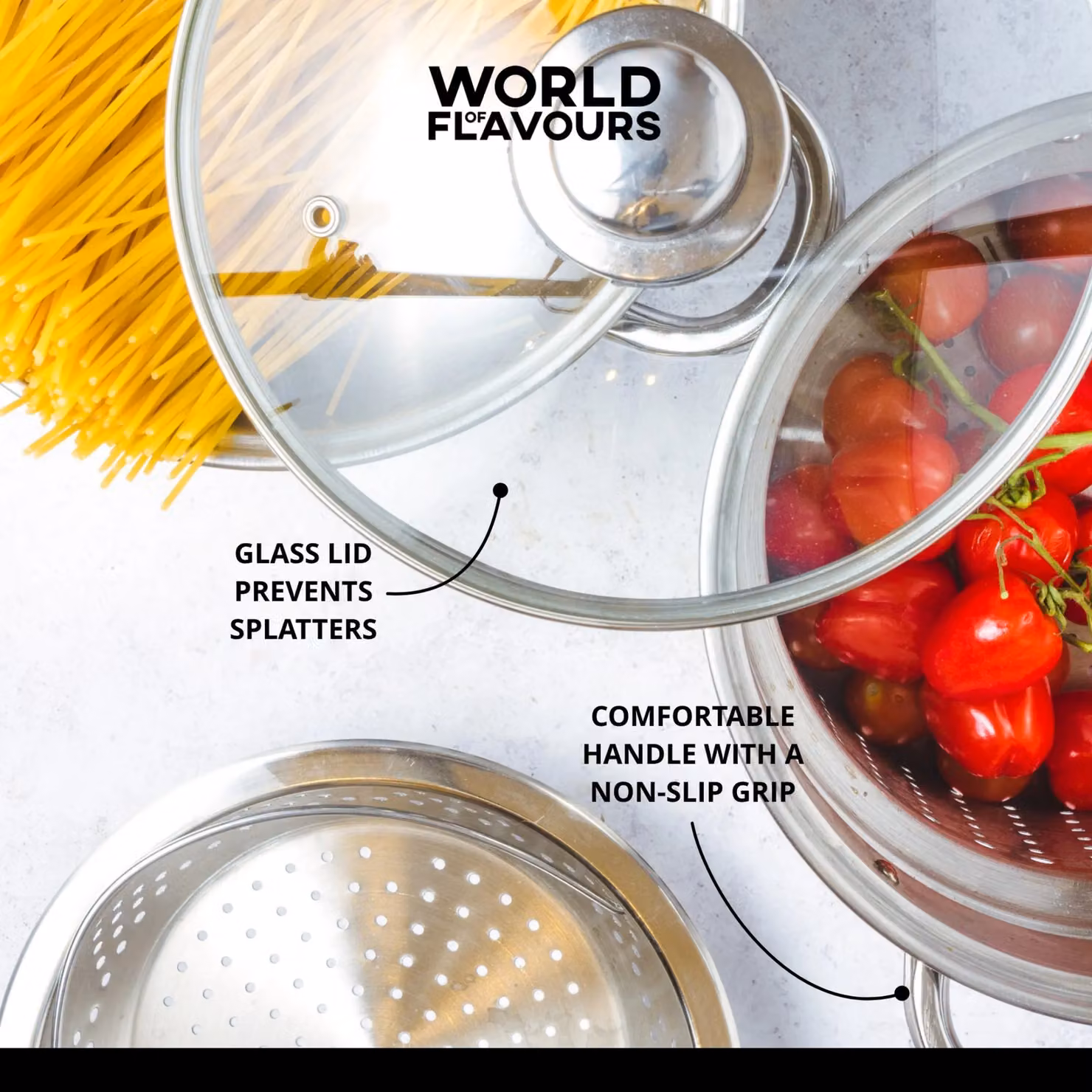 World of Flavours Italian Stainless Steel Pasta Pot with Steamer Insert in Silver – 9