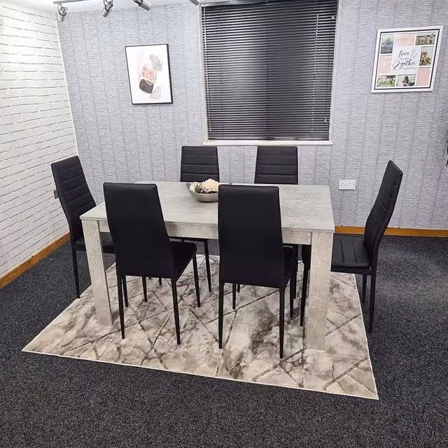 KOSY KOALA Stone Grey Effect Dining Table Set with 6 Black Chairs and Brown Accents – 1