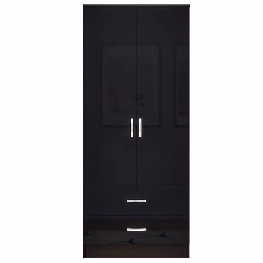 FLAVORA Black and White Glossy Wooden 2 Door 2 Drawer Compact Wardrobe for Bedroom or Living Room W/D/H: 100 x 100 x 100 cm – 2