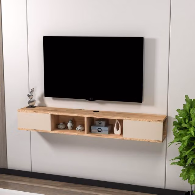 Destina Home Mayer Floating TV Stand with Shelves and Cabinets in Light Beige, W: 140 cm, H: 19.6 cm, D: 22 cm – 1