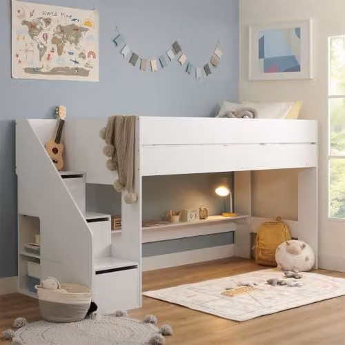 Flair Olivia Mid Sleeper Cabin Bed with Storage Stairs and Side Compartments in White – 1