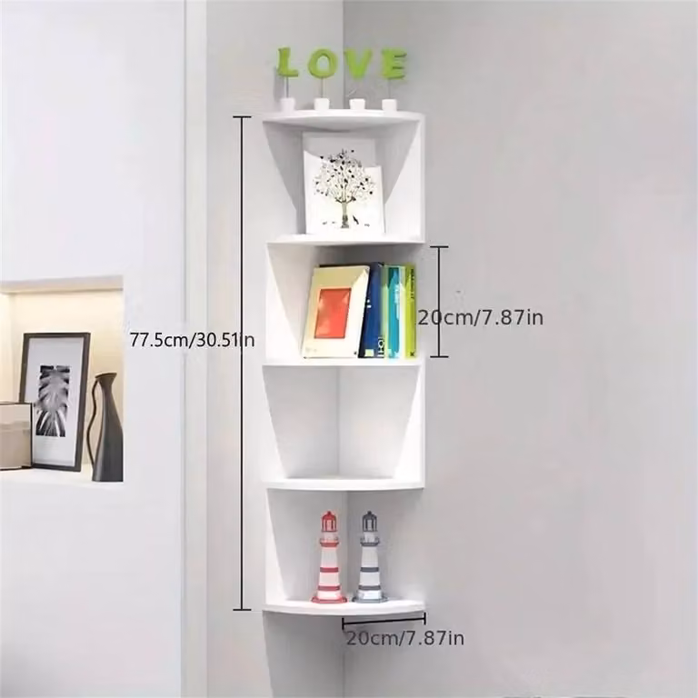 SPETLEK 5 Tier Wall Mounted Corner Floating Shelf in White, W/D/H: 100 x 100 x 77.5 cm