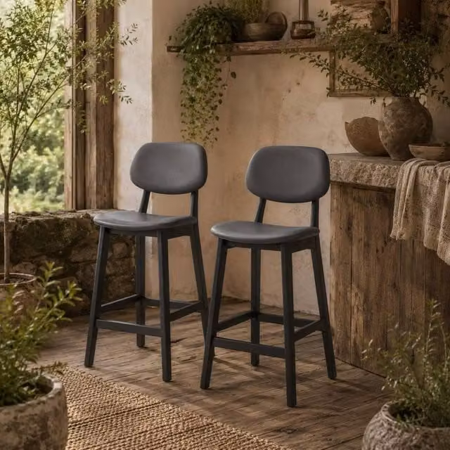 Wyld Haus Lavidiel Set of 2 Modern Faux Leather Bar Stools in Dark Grey