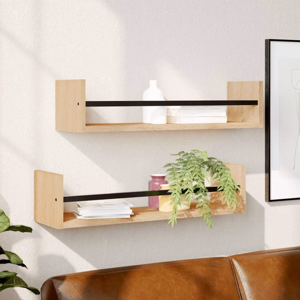 Berkfield Home Wall Shelves with Bars, 2 Piece Set, Sonoma Oak, Brown, W: 60 cm, D: 16 cm, H: 14 cm – 2
