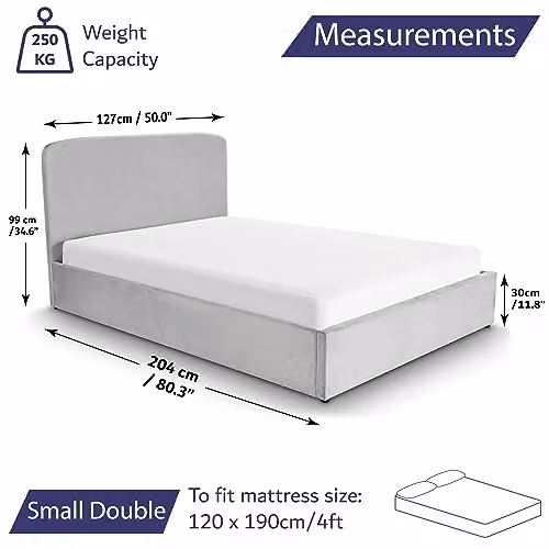 Home Treats Small Double Ottoman Bed Frame with Storage, Grey Upholstered Velvet Lift Up Bed, W/D/H: 120 x 190 cm – 2