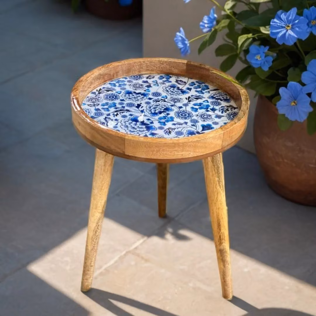 Hartsmede Mango Wood Round Side Table with Floral Enamel Resin Top in Beige, W/D/H: 36 x 36 x 47 cm – 7