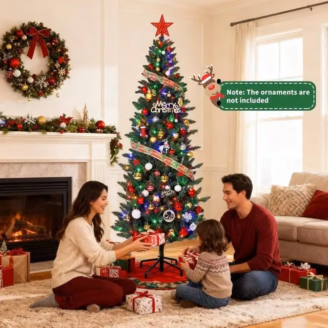 London Boutique 6ft Slim Pencil Artificial Christmas Tree with Warm White LED Lights in Green – 1
