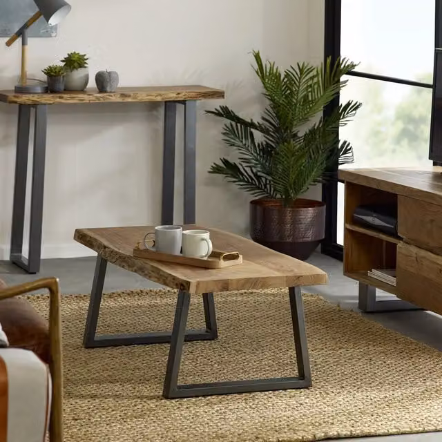 IH Design Modern Rectangular Acacia Wood Live Edge Coffee Table in Brown with Sled Base