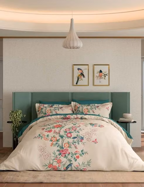 V&A Chinese Magpie Pure Cotton Pillowcases, 2 Pack, Petrol Teal