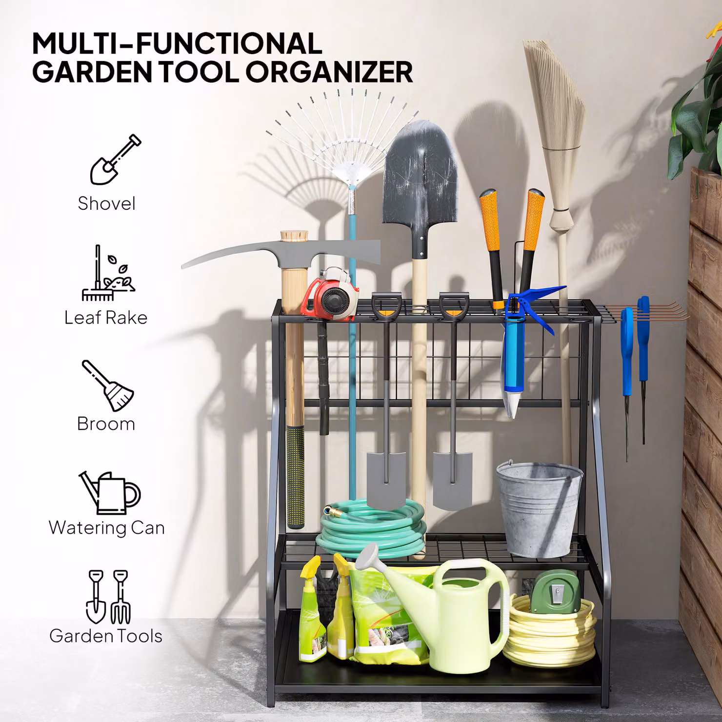 Outsunny 3-Tier Metal Garden Tool Storage Rack in Matt Black with 11 Hooks – 5