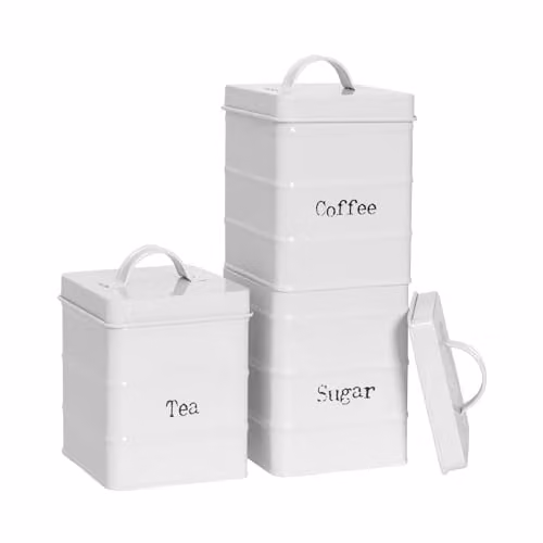 Harbour Housewares 3-Piece Metal Tea, Coffee and Sugar Canister Set in White with Airtight Lids – 1