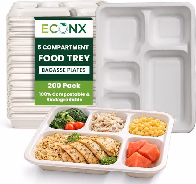 ECONX White Disposable 5 Compartment Bagasse Plates, 200 Pack